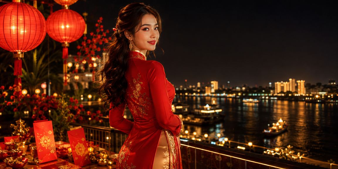 Phong bì đỏ bonus lễ hội Mekong với áo dài truyền thống Việt Nam