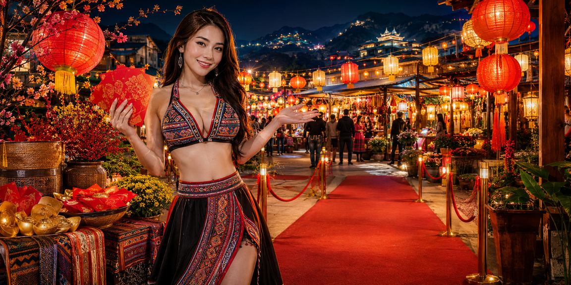 Lồng đèn và phong bì đỏ mùa lễ hội tại Sapa trên nền tảng 7435hs